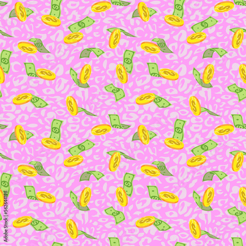flying dollar, gold dollar sign, Money seamless pattern with one hundred US dollar bills on a dark background. Falling, folded, twisted, flying dollar banknotes