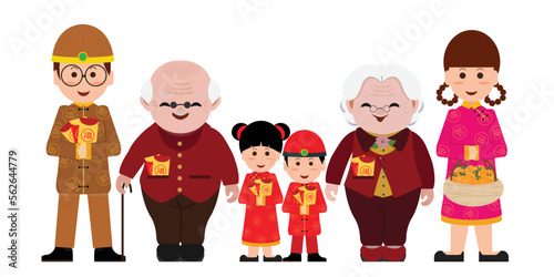 Chinese cartoons family with Red Envelopes isolated on white background.