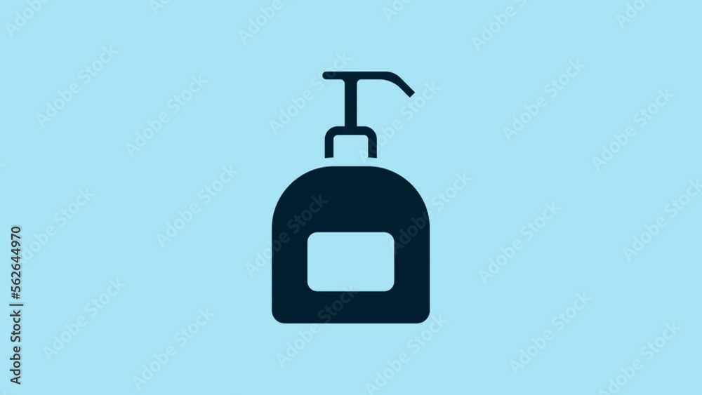 Blue Bottle of liquid antibacterial soap with dispenser icon isolated on blue background. Antiseptic. Disinfection, hygiene, skin care. 4K Video motion graphic animation Blue Bottle of liquid antibacterial soap with dispenser icon isolated on blue background. Antiseptic. Disinfection, hygiene, skin care. 4K Video motion graphic animation