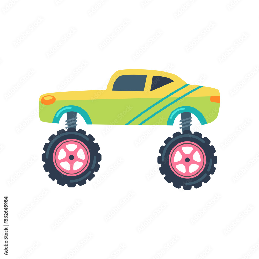 Yellow and green monster truck as toy vector illustration. Childish cartoon drawing of retro race car with big wheels isolated on white background. Transport, transportation, racing concept