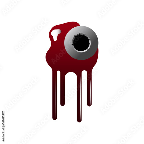 Hole from bullet in steel on white background illustration. Crack from shot, damaged metal, weapon hole with blood or paint. Shot, crime, target, violence, damage, destruction concept