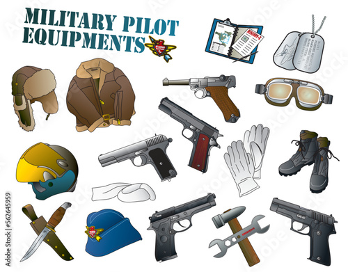 Military air force pilot equipment from the early years to know set. 