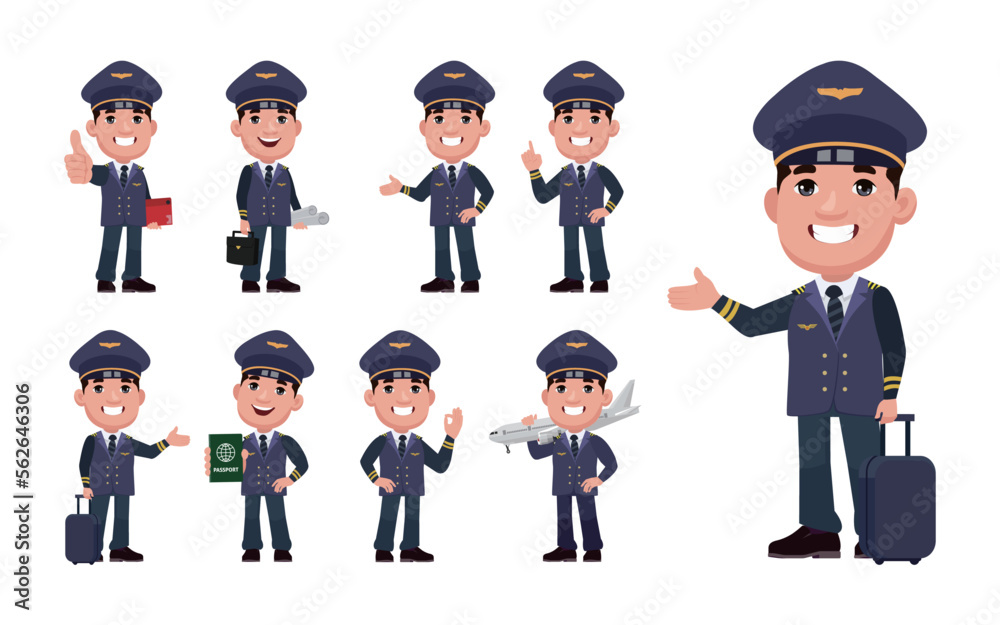 Airline pilot with different poses. vector