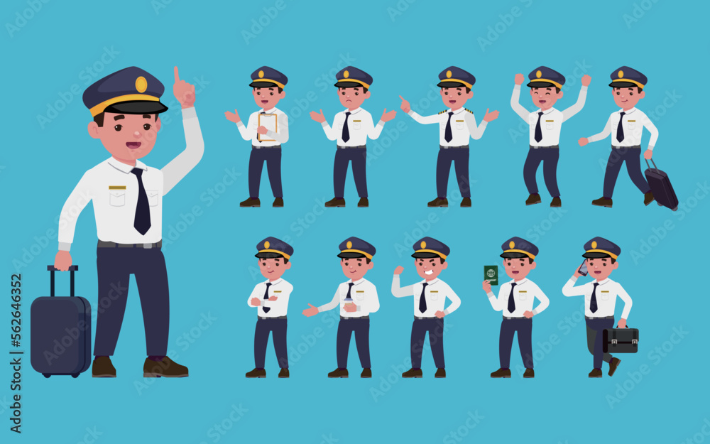 Airline pilot with different poses. vector