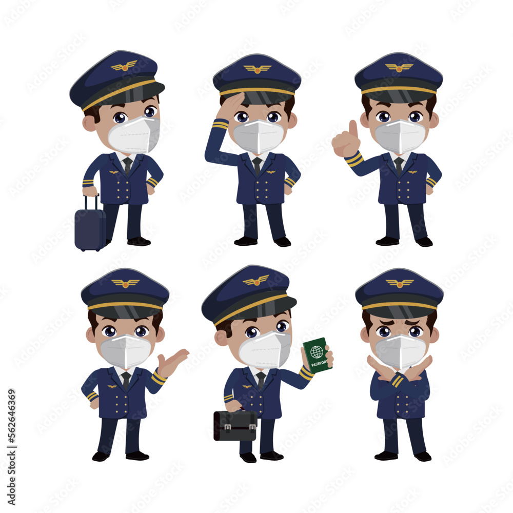 Airline pilot with different poses. vector