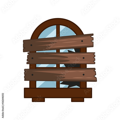 Damaged window covered by wooden boards vector illustration. Cartoon drawing of broken window closed by planks from wood on white background. Damage, safety, security, furniture, protection concept