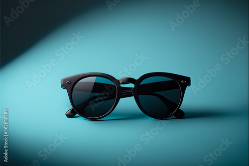 black sunglasses on a blue background, trendy background, stylish sunglasses, generative ai © terri