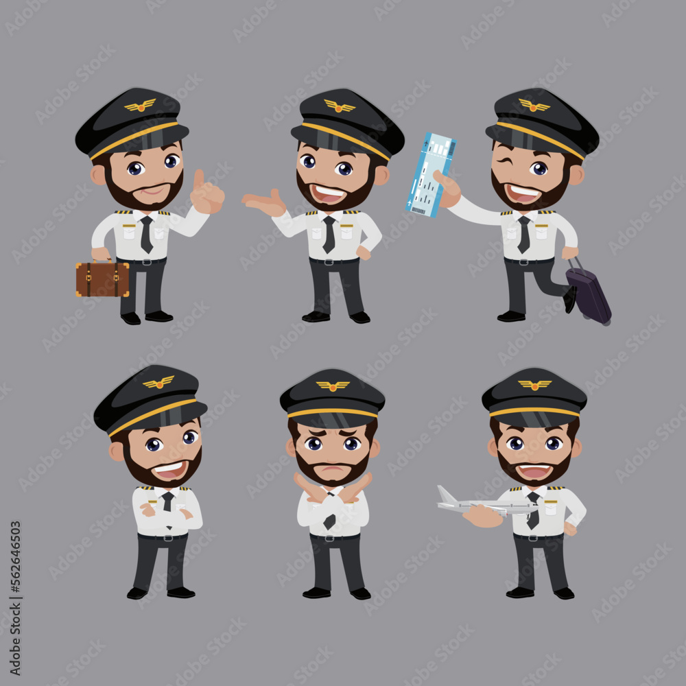 Airline pilot with different poses. vector