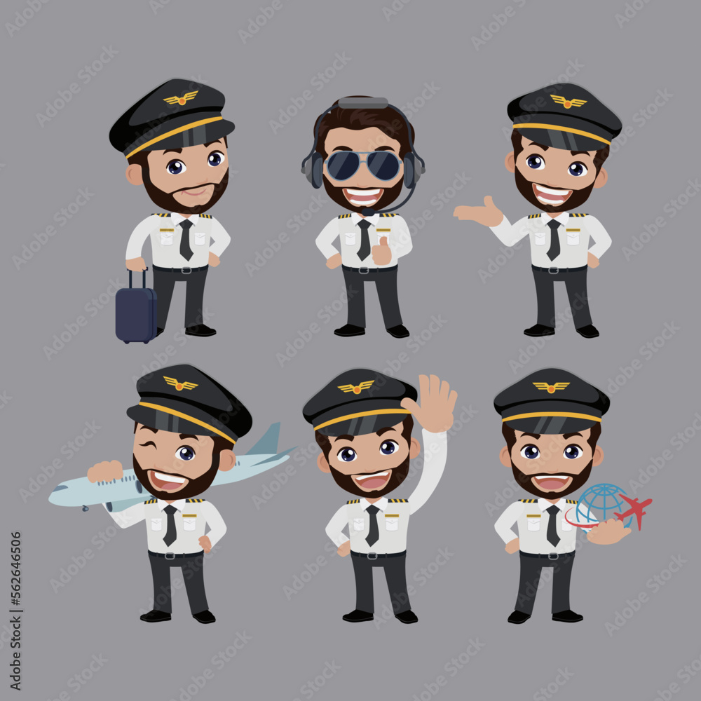 Airline pilot with different poses. vector