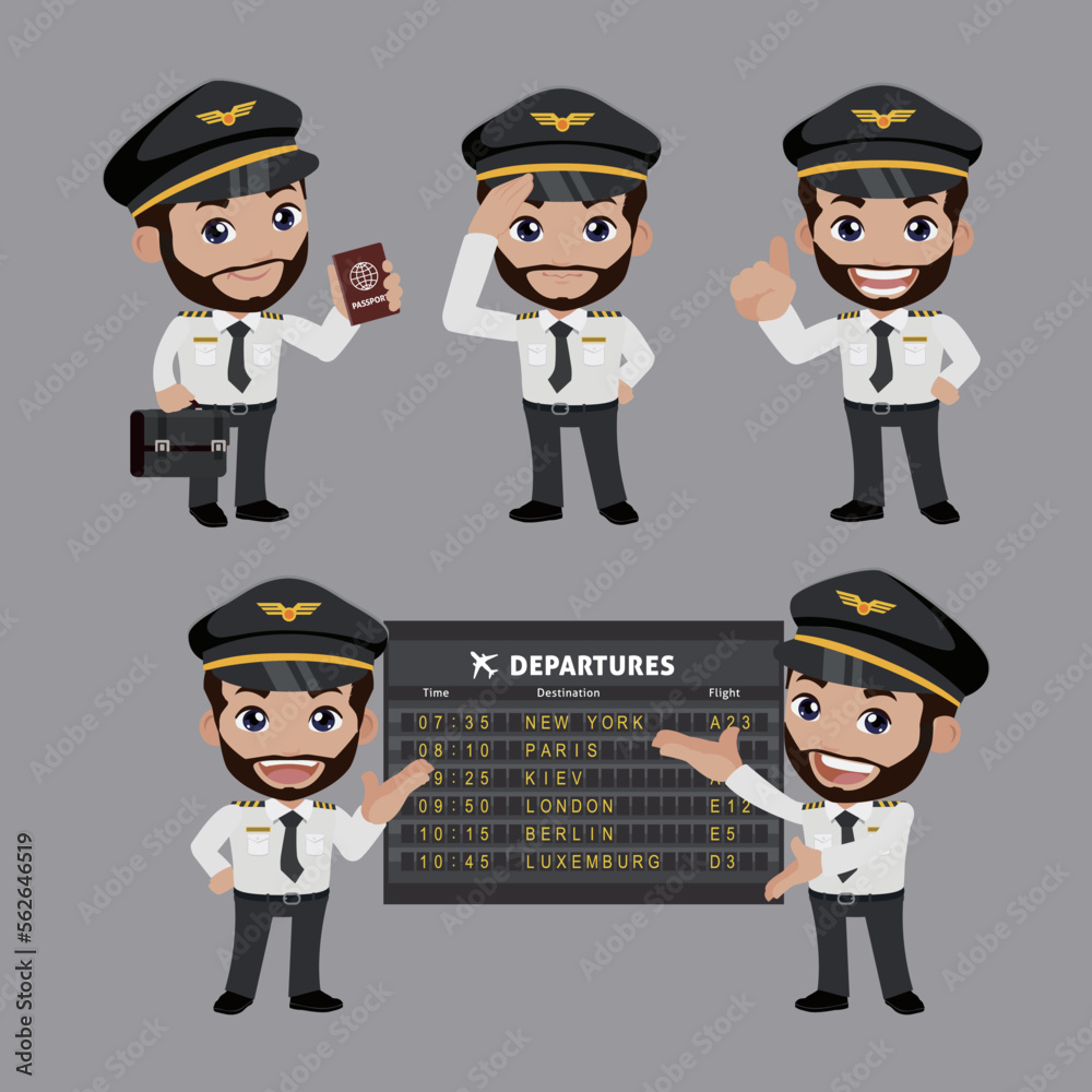 Airline pilot with different poses. vector Airline pilot with different poses. vector