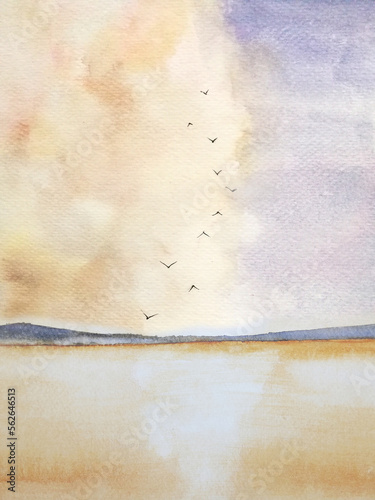 watercolor painting vertical sea and mountain landscape sunset and birds flying in the sky. 