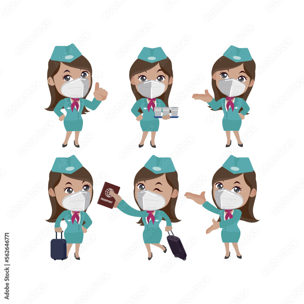 Stewardess with different poses. vector