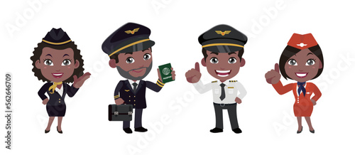 Airline pilot with different poses. vector