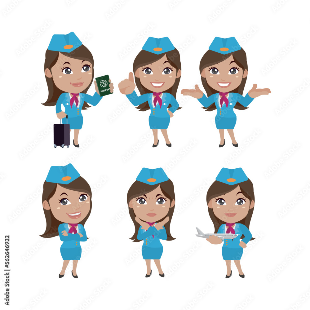 Stewardess with different poses. vector