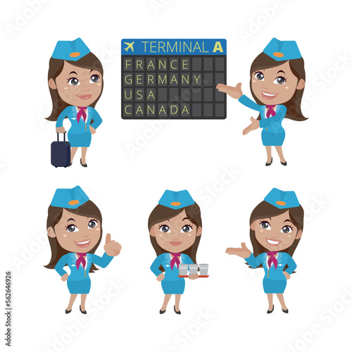 Stewardess with different poses. vector