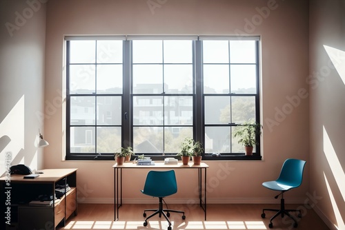 Cozy, Modern home desk office workplace with wooden floor, bright sun light, soft shadows, and window view of the city