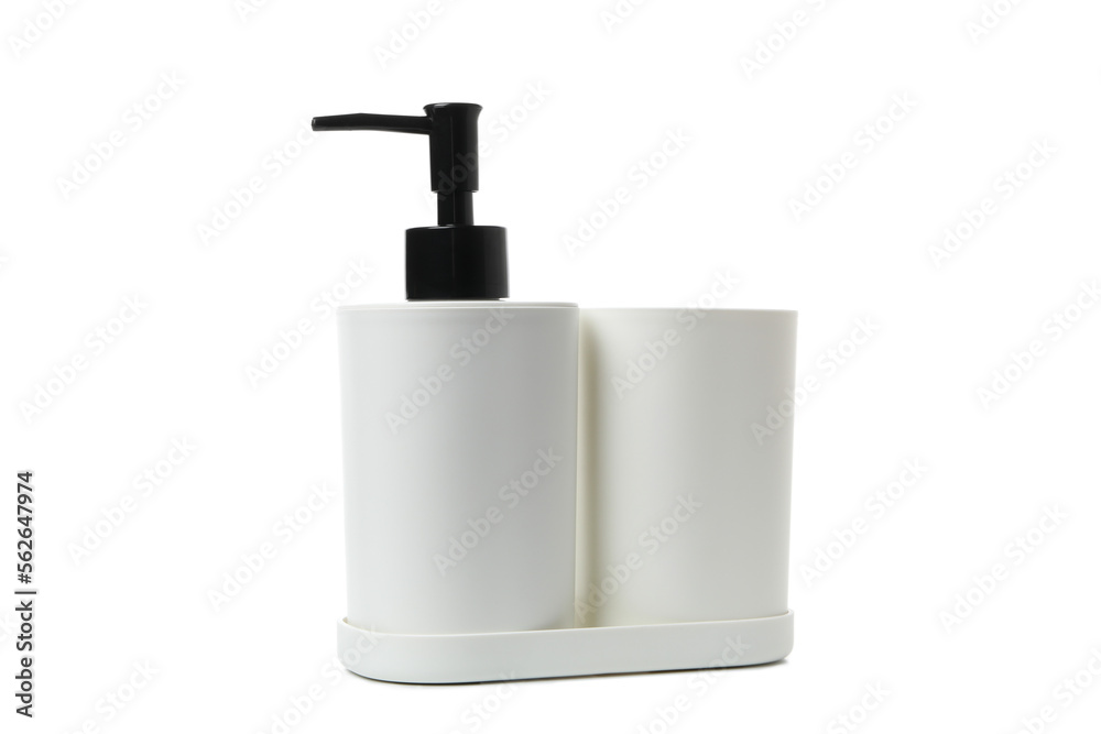 Obraz premium Concept of bath accessories, different bath supplies, isolated on white background