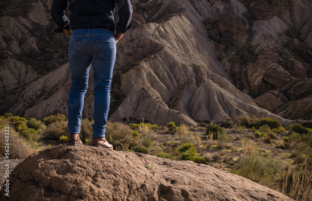 Rear view of adult man standing on rock in desert. Almeria, Spain Rear view of adult man standing on rock in desert. Almeria, Spain