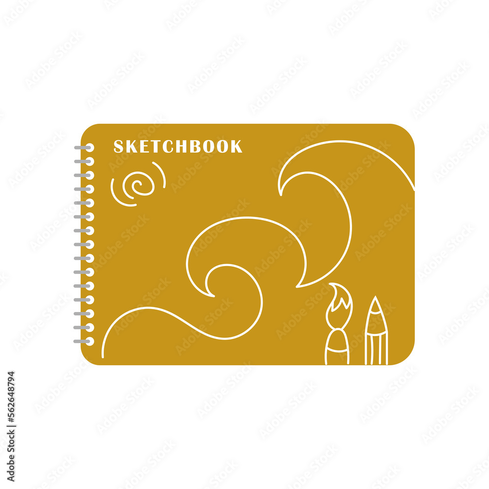 Sketchbook on white background. School supplies for kids vector illustration. Stationery, education concept Sketchbook on white background. School supplies for kids vector illustration. Stationery, education concept