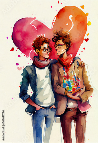 Saint Valentin, fête des amoureux. Couple homosexuel homme. LGBT+. Paris, France, capitale de l’amour. Carte de voeux coeur, cadeau pour couple masculin. Generative AI.