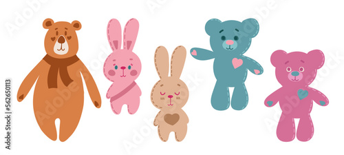 Plush animals, funny soft toys for children. Vector cartoon set of cute fluffy playthings, pretty textile teddy bears, and rabbits. Pets and wild animals isolated on white background