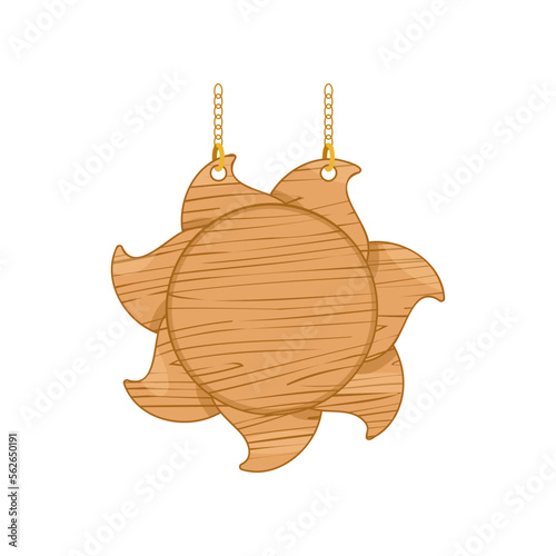 Wooden sun sign hanging on chain cartoon illustration. Blank decorative banner for advertising, information, sale, cafe and restaurant names on rope. Guidepost concept