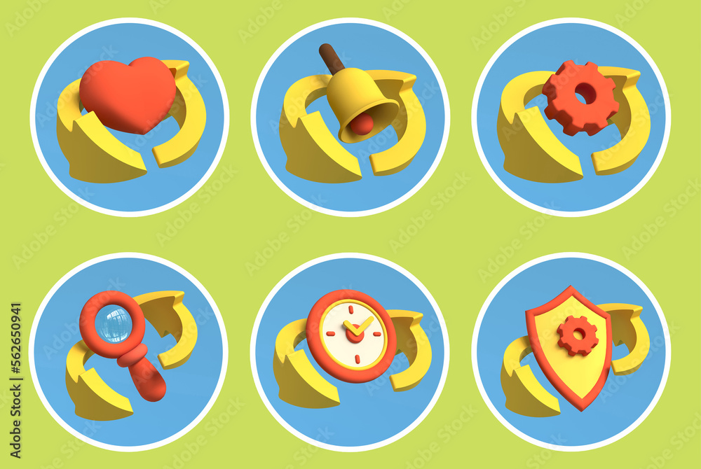 A set of 3D icons. A heart, a gear, a ball, a figurine, a clock and a magnifying glass with rotating yellow hands in a cartoon style for web design. Rendering 3D objects.