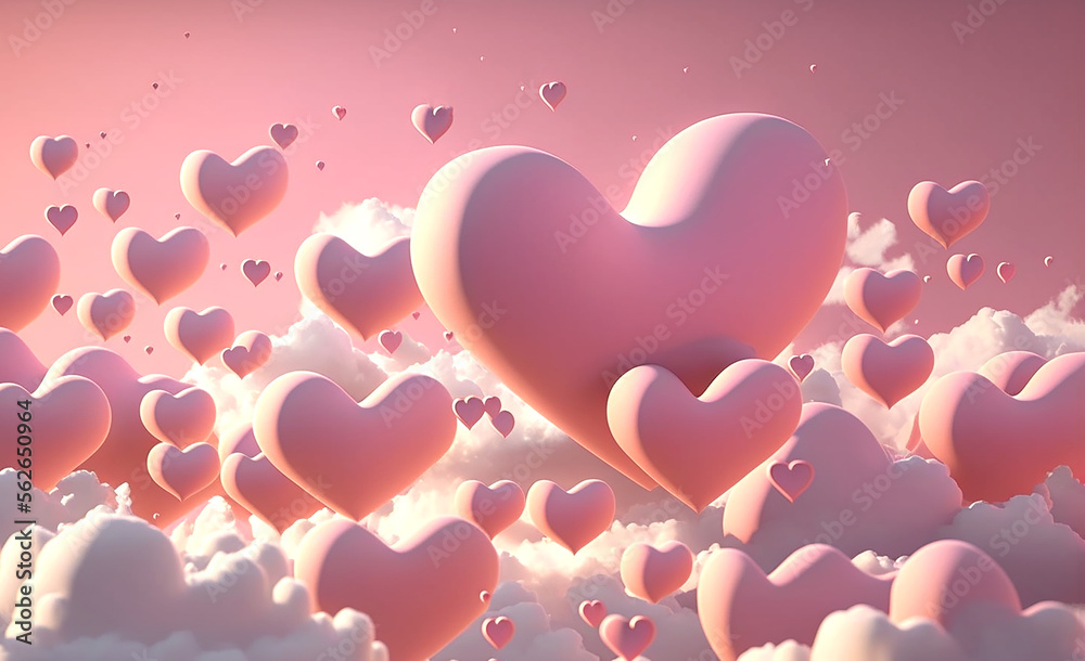 Many pink fluffy heart shaped 3D clouds in sky. Love and valentines day. Generative AI Many pink fluffy heart shaped 3D clouds in sky. Love and valentines day. Generative AI