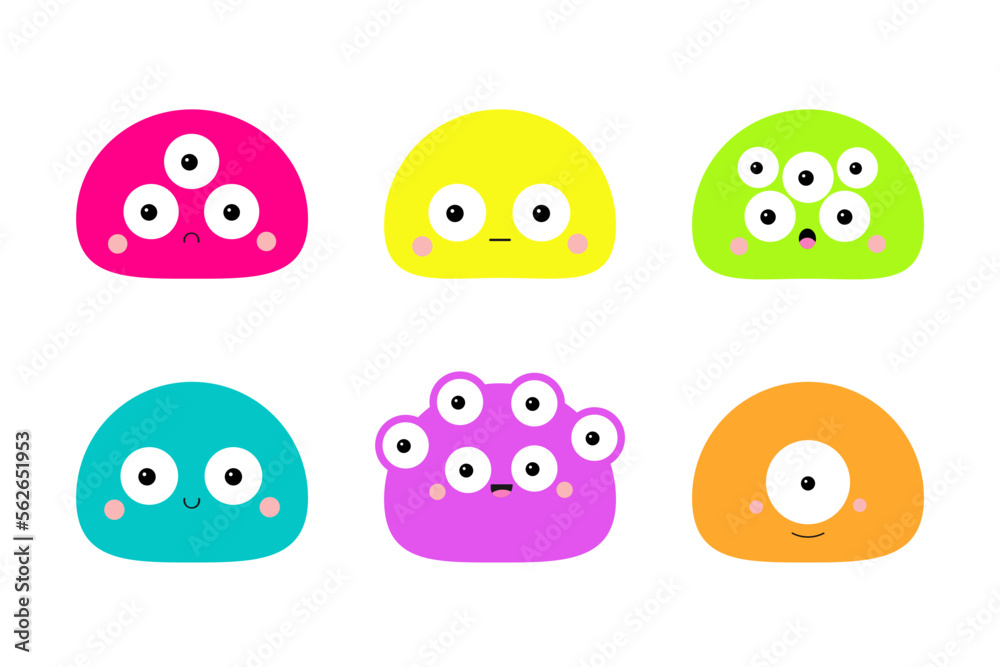Monster face set. Cute cartoon kawaii scary funny character. Round head. Happy Halloween. Colorful silhouette. Baby collection. Different emotion. T-shirt design. Flat design. White background. Monster face set. Cute cartoon kawaii scary funny character. Round head. Happy Halloween. Colorful silhouette. Baby collection. Different emotion. T-shirt design. Flat design. White background.