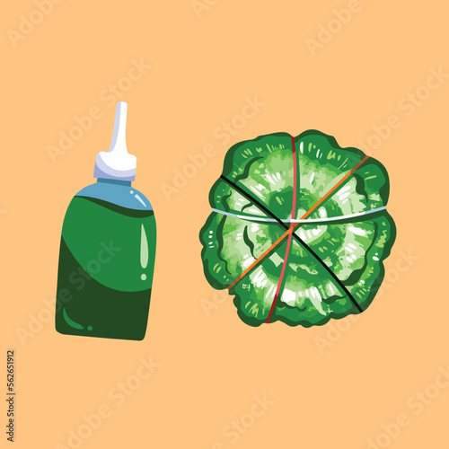 Green tie dye shirt coloring step process with textile coloring liquid bottle vector illustration isolated on yellow background. Simple cartoon art style diy process.
