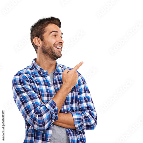 studio shot of a handsome man pointing to copyspace Isolated on a PNG background. photo