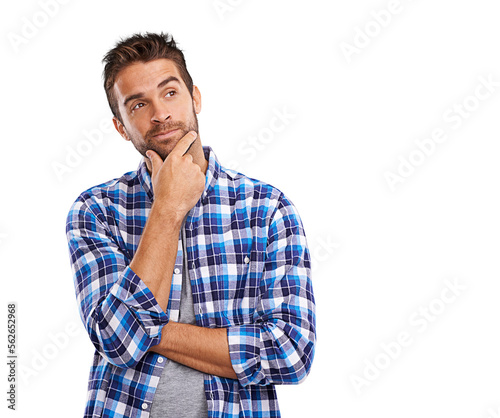 Obraz na plátně A handsome young man in deep thought Isolated on a PNG background