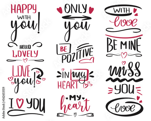 Handwritten romantic lettering about love. Bundle cute hand drawn quotes. Phrases for poster  greeting card  photo album. Valentines day collection. Calligraphy vector illustration