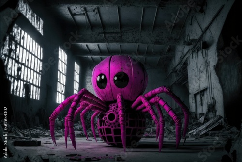 evil Mommy long legs pink spider inside a decaying toy factory, dangerous, horror, nightmare fuel, nightmare, darkness, dark, misty atmosphere, broken toys, destruction, strange glowing lights of desp photo