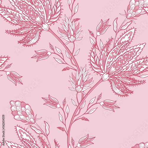 Seamless pattern of Indian traditional ornament elements. Ethnic oriental motif of Asian culture.Viva magenta color isolated in white background.