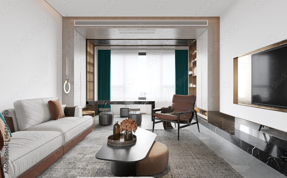 Fototapeta premium The modern luxury interior of the living room is bright and clean. 3D illustration