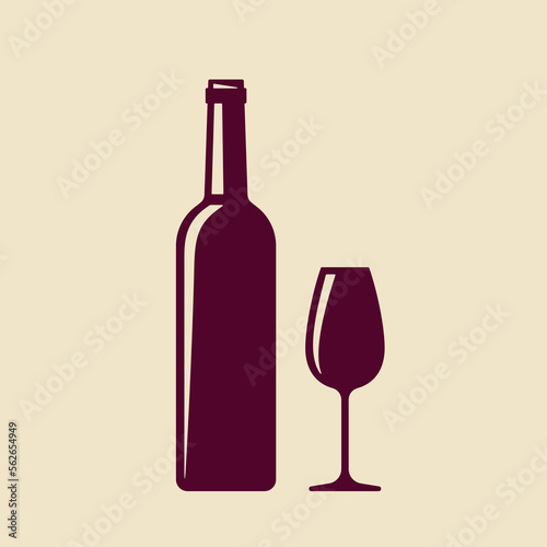 Red wine flat illustration. Stylized red wine bottle and glass on beige background. Best for logo, web, posters, print, cards, menu concept and branding design.