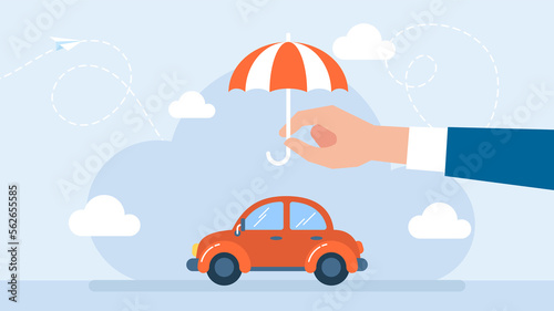 Car Insurance design concept with umbrella protection. Red auto. Car insurance concept. The umbrella protects automobile. Insurance policy. Flat style design. Illustration.