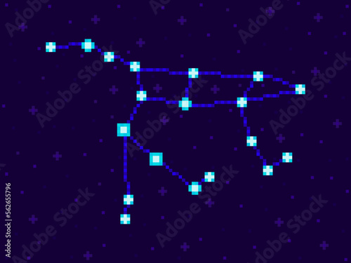 Ursa Major constellation in pixel art style. 8-bit stars in the night sky in retro video game style. Cluster of stars and galaxies. Design for applications, banners and posters. Vector illustration