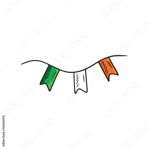 String with three flags green, white, orange isolated on white background. Hand drawn vector sketch illustration in doodle engraved vintage outline style. Holiday, decoration, celebration, ireland.