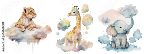 Safari Animal set elephant, giraffe and lion are sitting on the clouds in watercolor style. Isolated vector illustration