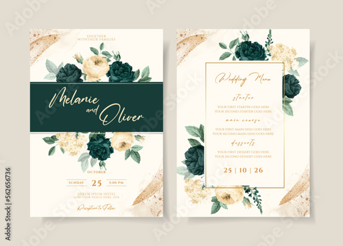 Wedding invitation template set with emerald green floral and leaves decoration