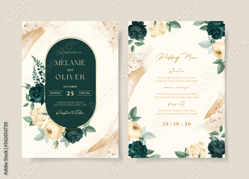 Wedding invitation template set with emerald green floral and leaves decoration