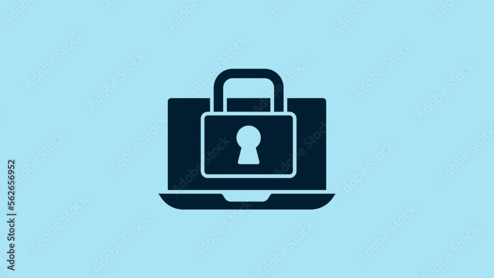 Blue Laptop and lock icon isolated on blue background. Computer and padlock. Security, safety, protection concept. Safe internetwork. 4K Video motion graphic animation Blue Laptop and lock icon isolated on blue background. Computer and padlock. Security, safety, protection concept. Safe internetwork. 4K Video motion graphic animation