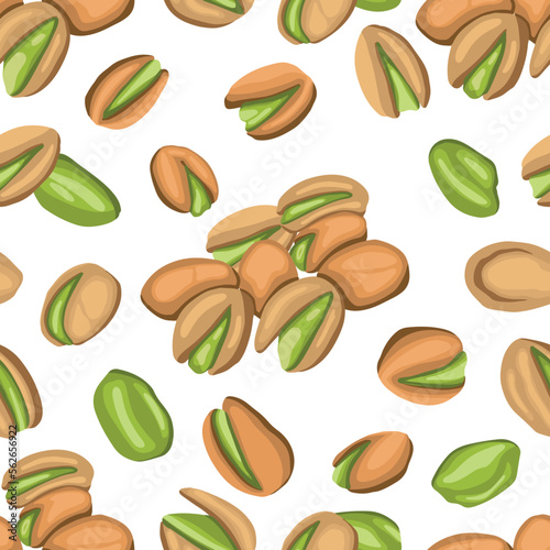 Seamless pattern with colored flat realistic pistachios nuts on white background. Salty delicious organic food nutshells, peeled. Food package, wallpapers, polygraphy, textile traditional snack.