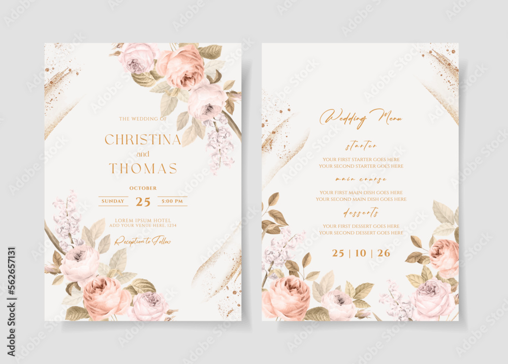 Wedding invitation template set with beautiful floral and leaves decoration