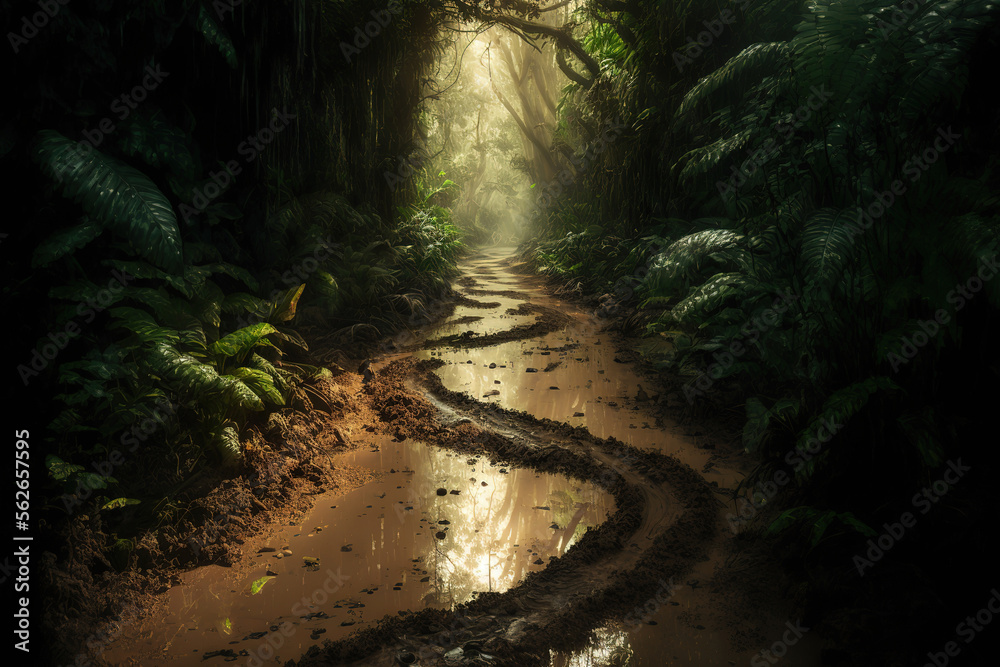 The terrain route with wet muddy surface in the deep jungle, extreme adventure location scene. Generative Ai image.