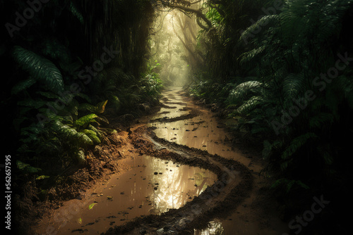 The terrain route with wet muddy surface in the deep jungle  extreme adventure location scene. Generative Ai image.