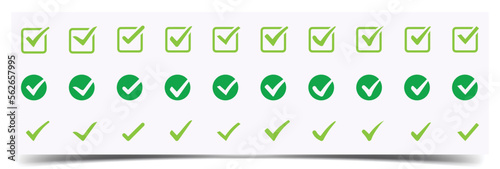 Set of green check mark icon. checklist symbols. Approval check flat style. Checked icon or correct choice sign. Checkmark Illustration. Green check mark icon set isolated on white background