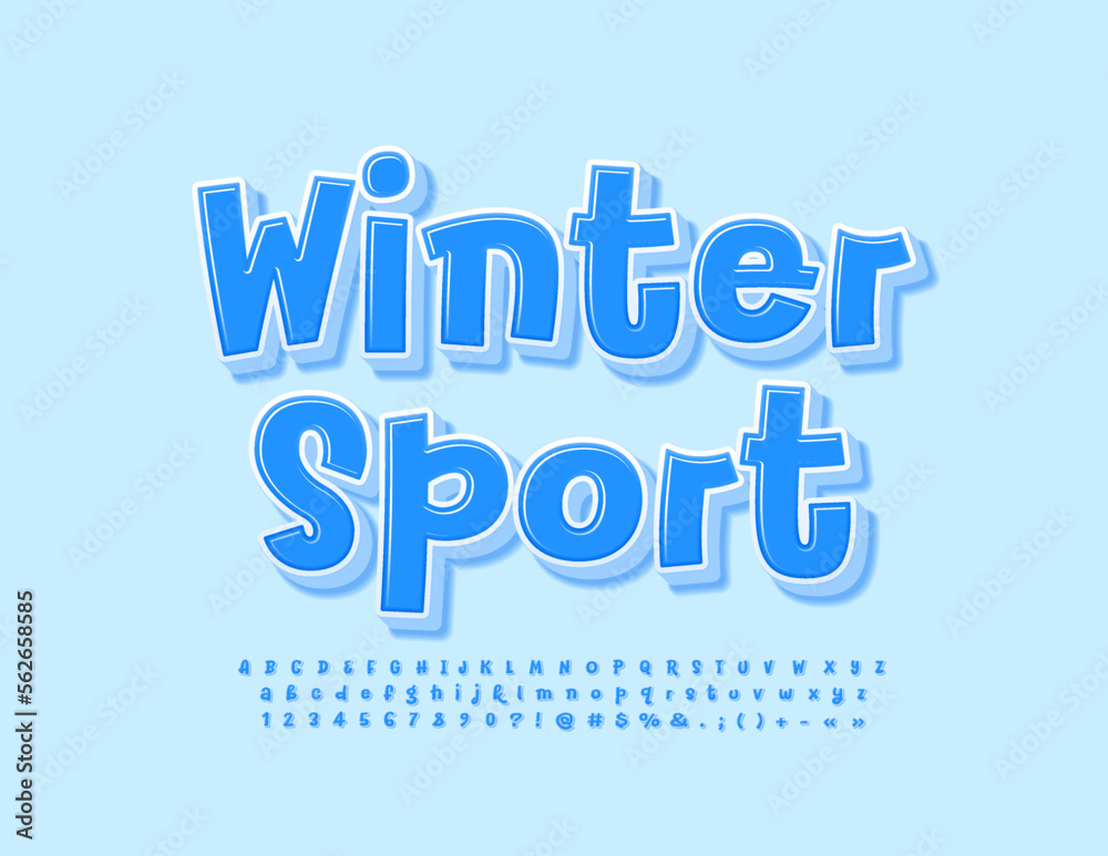 Vector creative logo Winter Sport. Funny handwritten Font. Modern Blue Alphabet Letters and Numbers set